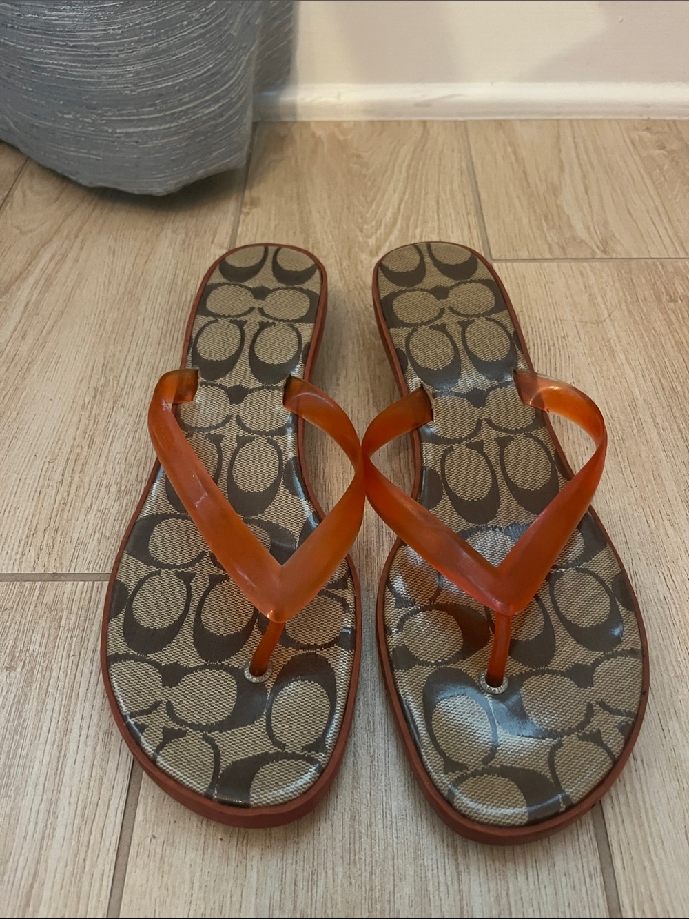 Coach Women's Brown Signature Logo Flip Flop Sandals with Orange Straps